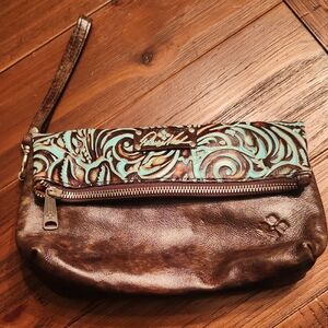 Patricia Nash Brown and Teal Patterned Leather Wristlet